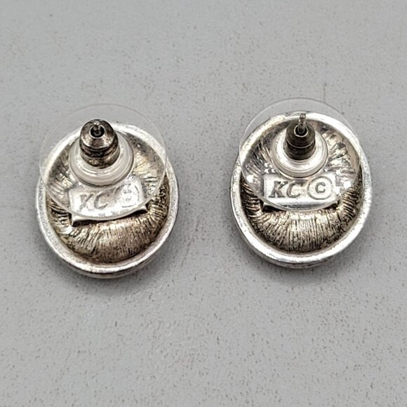 Kenneth Cole Earrings Light Blue Flat Cabochon Silver Tone Oval Posts - Picture 2 of 3